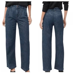 J Crew Wide Leg Pleated Trouser Denim Jeans Dark Blue 
Women’s 32 Petite
